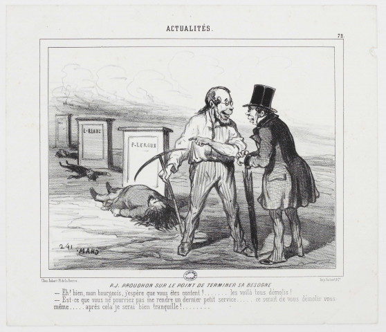 P.J. Proudhon sur le point de terminer sa besogne. [image fixe] / Cham , Paris : chez Aubert Pl. de la Bourse ; Imp. Aubert & Cie, 1848/1850