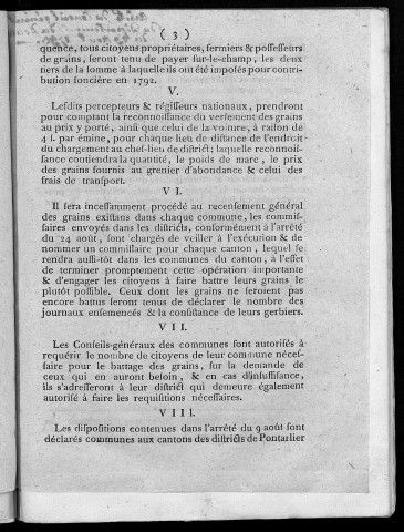 Arrêté du Conseil général du département du Doubs relatif aux subsistances [29 Août 1793]