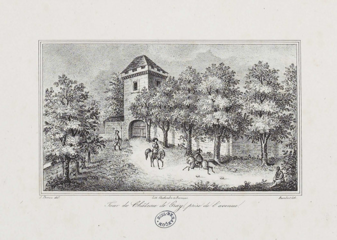 Tour du château de Gray, prise de l'avenue [estampe] / J. Perron, delineavit  ; Rambert, lithographe , Besançon : Chalandre, [1800-1899]
