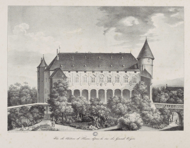 Vue du Château de Frasne, depuis la rue des Grands Vergers [estampe] / lithographie de Out. Chalandre fils à Besançon , [Besançon] : [s.n.], [1800-1899]