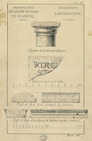 Monuments du Champ de Mars de Vesontio. Fragments d'architecture. Pl. III. 2 m [0 m 10 ; 1:200] / A. Ducat del. , [S.l. : Besançon ?] : [A. Ducat], [1800-1899]