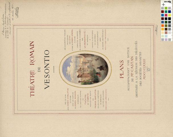 [Page de titre du "Théâtre romain de Vesontio" par Castan, 1873] / [dessinée et dédicacée par A. Ducat] , [S.l. : Besançon ?] : [A. Ducat], 1873