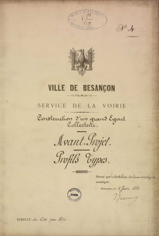 Égouts collecteurs. - Quartier nord, projet de construction : rapports, détails estimatifs, bordereaux de prix, avant-métrés, cahiers des charges, plans, schémas de wagon-vanne de curage, notes, correspondance (1885-1886). Quartier sud, projet de construction : rapports, cahiers des charges, brochure, plans, notes (1885-1887, 1890) ; réalisation de la section comprise entre la porte Rivotte et le pont Battant : dossiers de marchés, études, plans (1871-1900) ; prolongement entre la Préfecture et la rue Pasteur : délibération du conseil municipal, dossier de marché (1938).
A noter : plans de Besançon entre 1880 et 1890.