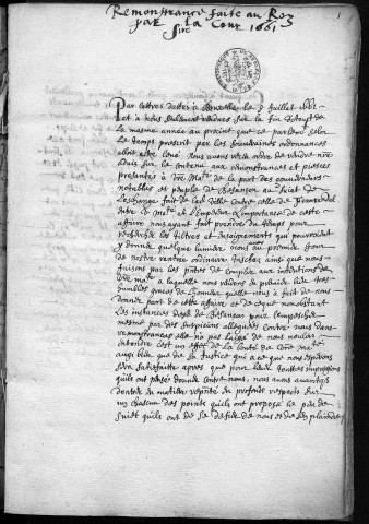 Ms 1085 - « Remonstrance faite au Roy [d'Espagne] par la cour [du parlement de Dole], 1661 », pour réfuter les prétentions de Besançon à devenir la capitale politique et judiciaire de la Franche-Comté