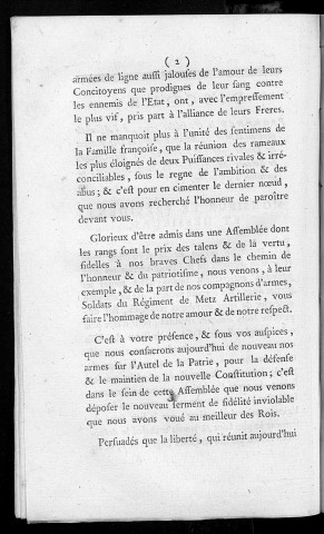 Discours prononcé le 1er juillet 1790, à l'Assemblée générale de MM. les administrateurs du département du Doubs par une députation des Bas-Officiers et soldats du régiment de Metz artillerie, en garnison à Besançon