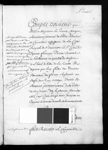 Comptes de la Ville de Besançon, recettes et dépenses, Compte de Claude Ignace François Pierre (1723)