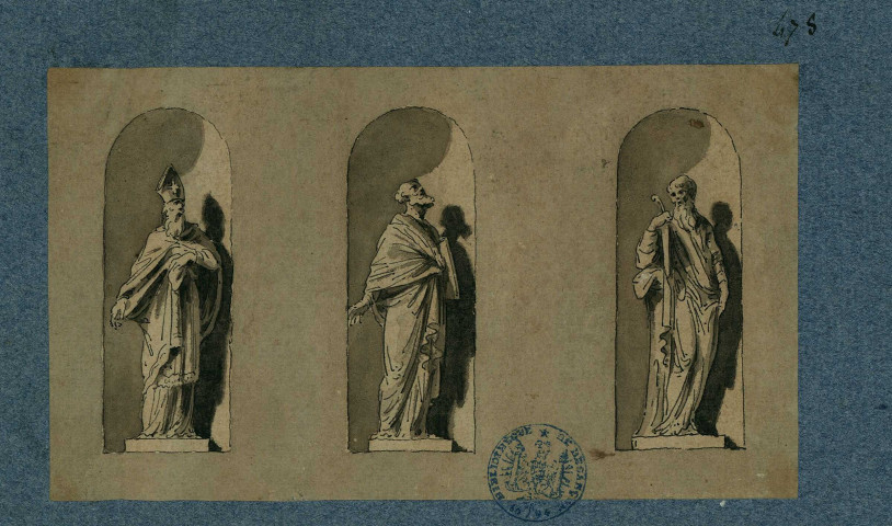 Trois statues dans des niches, la première est celle d'un évêque / Calques de Pierre-Adrien Pâris sur des dessins de Moreau , [S.l.] : [P.-A. Pâris], [1700-1800]