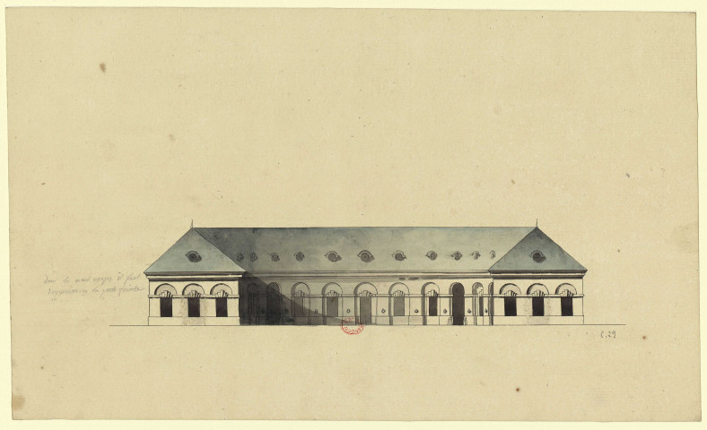 Elévation d'un bâtiment d'écurie avec avant-corps [Dessin] , [S.l.] : [s.n.], [1750-1799]