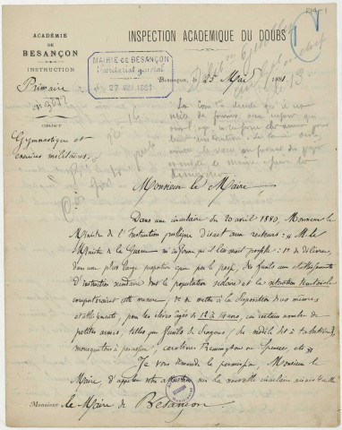 Instruction publique. Ecoles primaires communales, écoles supérieures ; Ecoles normales d'instituteurs et d'institutrices : personnel, classes, décrets, instructions & Correspondance de la ville avec L'inspection académique (1795-1890) ; Ecoles libres primaire et supérieur. Ecole de droit, faculté des sciences, Lycée.