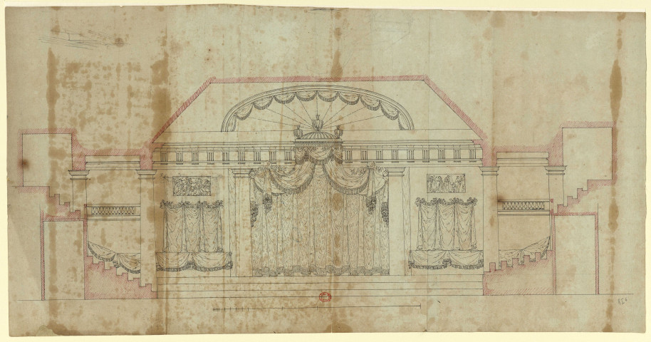 Salle des Etats généraux installée à l'Hôtel des Menus-Plaisirs, Château de versailles [Dessin] : coupe sur la largeur , 1788/1789