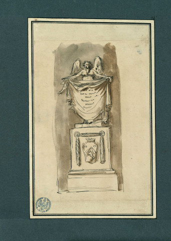 Statue (génie déployant une draperie ?) sur piédestal , [S.l.] : [s.n.], [1700-1800]