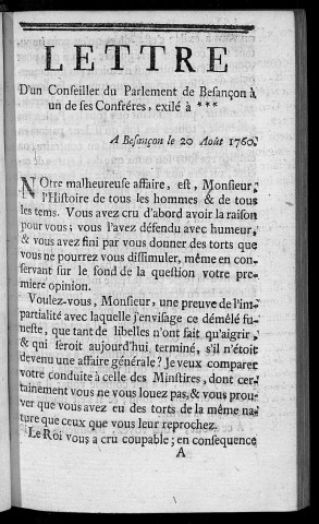 Lettre d'un Conseiller du Parlement de Besançon à un de ses confrères exilé à * * * en date du 20 août 1760