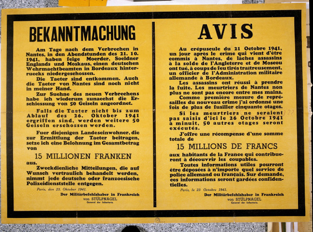 Avis après les attentats contre l'armée allemande, 1941, affiche