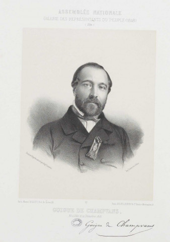 Guigue de Champvans, Né à Dôle le 21 décembre 1813 / Dessiné d'après nature par Aug. Lemoine. Imp. Lemercier, à Paris. Paris (33, Rue de Seine) : Maison Basset (15 Boulev. Montmartre) : Goupil, Vibert & Cie