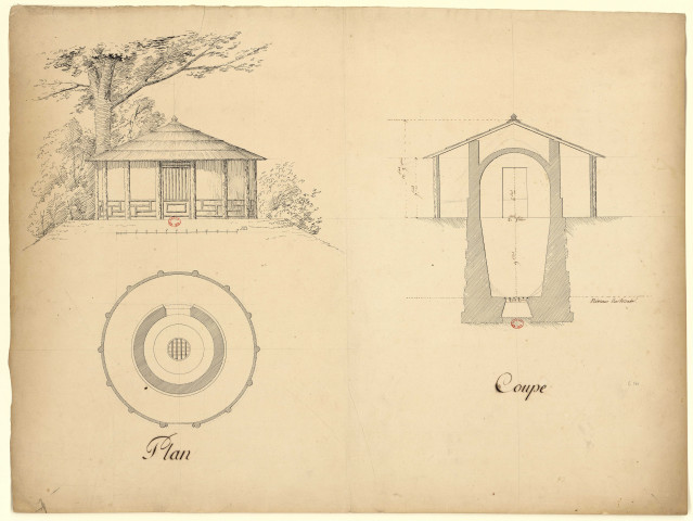 Plan, coupe et élévation d'un pavillon circulaire [Dessin] , [S.l.] : [s.n.], [1750-1799]