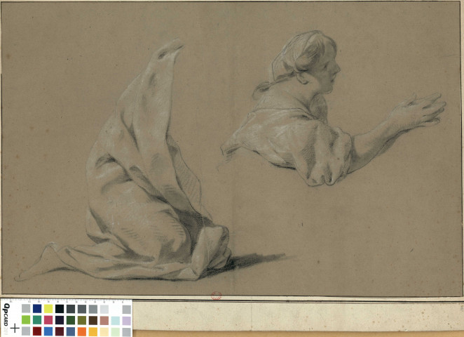 Etude de drapé d'un personnage agenouillé ; buste de femme de profil [Image fixe] , [années 1700-1750]