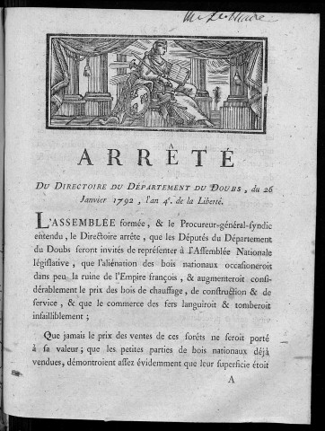 Arrêté du Directoire du département du Doubs, du 26 janvier 1792, l'an 4e de la liberté