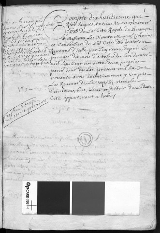 Comptes de la Ville de Besançon, recettes et dépenses, Compte de Jacques Antoine Varin (1er octobre 1692 - 30 septembre 1693)