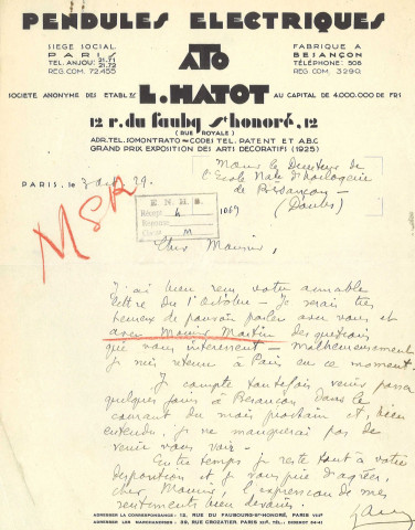 Etablissements L. Hatot (Ato) - pendules électriques : lettre datée du 3 octobre 1929 sur papier à en-tête.