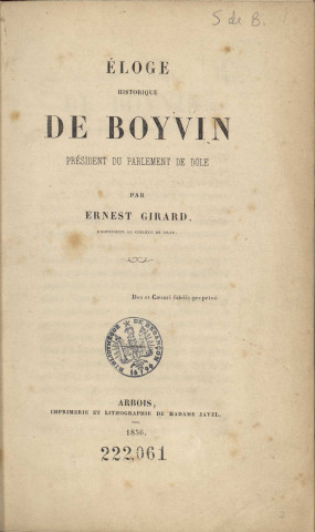 Eloge historique de Boyvin, Président du Parlement de Dole