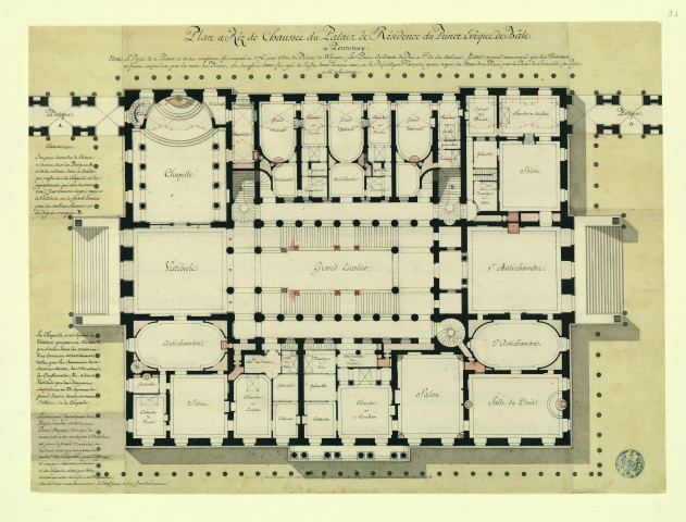 Palais du prince-évêque de Bâle à Porrentruy. Plan du rez-de-chaussée / Pierre-Adrien Pâris , [S.l.] : [P.-A. Pâris], [1700-1800]