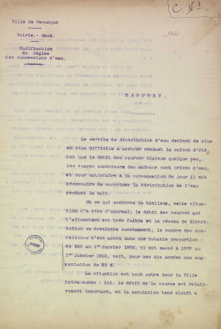 Réalisation d'une étude : rapports, brochures, articles de presse, notes, correspondance (1863-1921) ; plaintes de locataires suite à l'installation de compteurs divisionnaires : délibération du conseil municipal, compte rendu de réunion, articles de presse, notes, correspondance (1926).