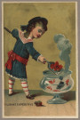 Avis de passage publicitaires de E. Mauvillier, mercerie lingerie, parfumerie - chaussures, 136 Grande rue Besançon, cartes-vue et chromo. L. DUFOUR, Reims (Marne) au verso, comprenant différentes images au recto (2 cartes) :
- Cuisine expéditive.
- Trop d'assaisonnement.