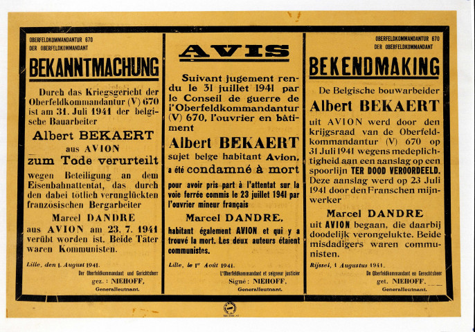 Condamnation à mort d'Albert Bekaert, sujet belge, pour sabotage ferroviaire, affiche