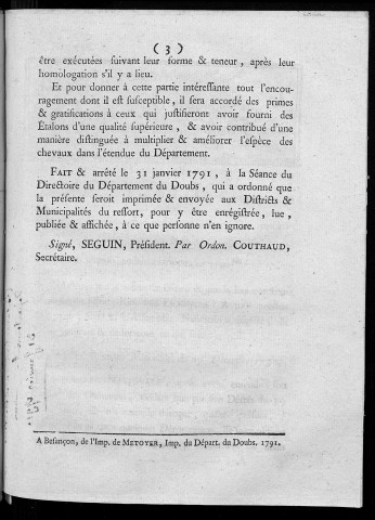 Proclamation du Directoire du département du Doubs, concernant les haras [fait et arrêté le 31 janvier 1791]