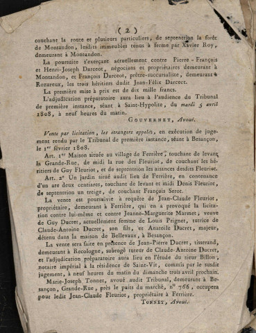 20/03/1808 - Feuille d'avis autorisée par arrêté de M. le Préfet du département du Doubs