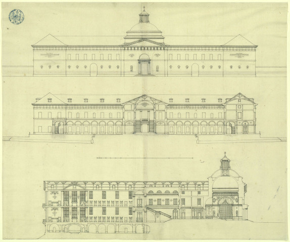 Hôpital de Bourg-en-Bresse. Coupes / Pierre-Adrien Pâris , [S.l.] : [P.-A. Pâris], [1700-1800]