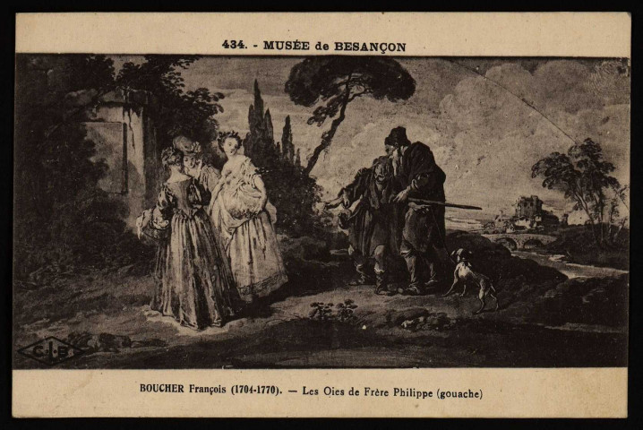 Besançon - Musée de Besançon - Boucher (François) 1706-1770 - Les oies du frère Philippe - Gouache sur taffetas pour eventail [image fixe] , 1904/1910