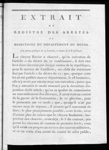 Extrait du registre des arrêtés du Directoire du département du Doubs, à la séance publique du 29 Ventôse, 2e année de la République