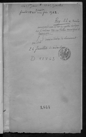 Ms 1844 - Inventaire et analyse des registres des délibérations municipales de la Ville de Besançon : 1540/1-1566 (tome III). Notes d'Auguste Castan (1833-1892)