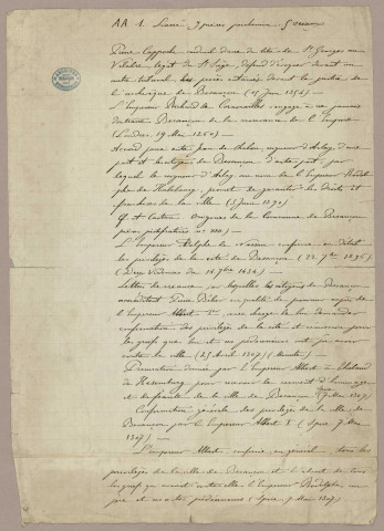 - Lettres de Pierre Cappochi, cardinal diacre du titre de St Georges au Velabre, légat du St Siège, défendant d'évoquer devant un autre tribunal les procès entamés devant la justice de l'archevêque de Besançon (Besançon, 15 juin 1254). - Lettres patentes de l'empereur Richard de Cornouailles s'engageant à ne jamais distraire Besançon de la mouvance de l 'Empire (Londres, 19 mai 1260) - Accord passé entre Jean de Chalon, Seigneur d'Arlay et les citoyens de Besançon au nom de l'empereur Rodolphe de Habsbourg qui garantit les droits et franchises de la ville (3 juin 1290) * - Confirmation des privilèges par l'empereur Adolphe de Nassau le 22 septembre 1296 : deux vidimus du 14 septembre 1434 - Lettres de créances par lesquelles les citoyens de Besançon accréditent Pierre Bélier en qualité de procureur, pour demander à l'empereur Albert 1er confirmation des privilèges de la cité et rémission des griefs que lui et ses prédécesseurs ont pu avoir contre la ville : minute, 25 avril 1307 - Procuration donnée par l'empereur Albert 1er à Thiébaud de Hasembourg pour recevoir le serment d'hommage et de féauté de la ville de Besançon (Spire, 7 mai 1307) - Confirmation générale des privilèges de la ville par l'empereur Albert 1er : il l'absout de tous les griefs qu'avaient contre elle l'empereur Rodolphe son père et ses prédécesseurs (Spire, 7 mai 1307) * cf. Castan, origines de la Commune de Besançon : pièces justificatives n° XXII.