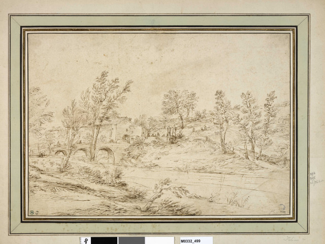 Paysage avec un pont et une ferme au bord d'une rivière