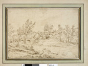 Paysage avec un pont et une ferme au bord d'une rivière