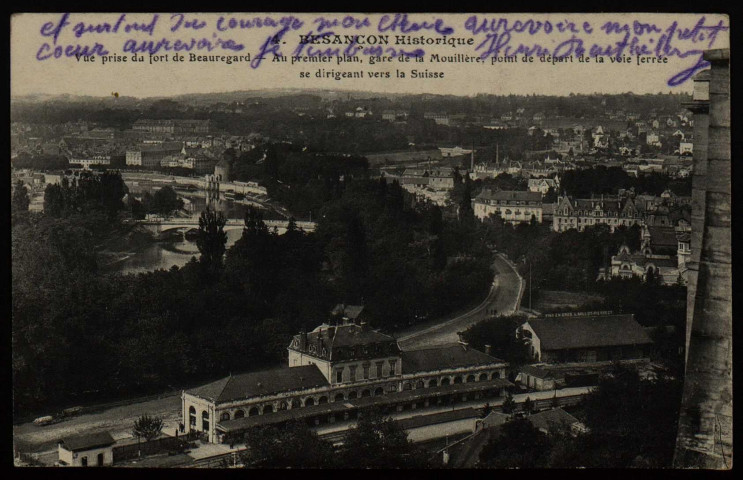 Vue prise du fort de Beauregard - Au premier plan, gare de la Mouillère, point de départ de la voie ferrée se dirigeant vers la Suisse [image fixe] , Paris : I. P. M., 1904/1930