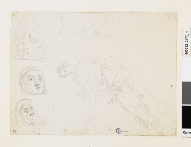 Études d'après des motifs antiques : trois masques et une femme drapée