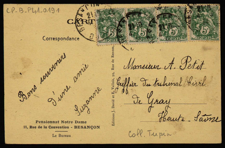 Pensionnat Notre Dame. 11, Rue de la Convention - Besançon. Le Bureau [image fixe] , Paris : Editions J. David et E. Vallois, , 1904/1930