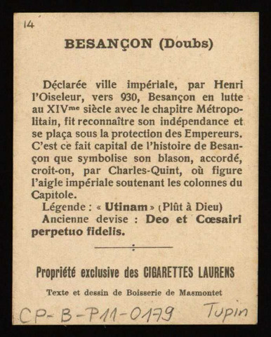 Le Blason des villes de France. Besançon (Doubs) [image fixe] , 1920/1960
