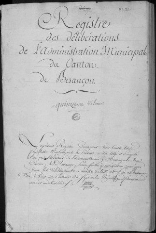 Délibérations municipales du Canton 8 janvier - 22 septembre 1799