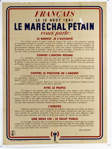 Français, le 12 août 1941, le Maréchal Pétain vous parle..., affiche