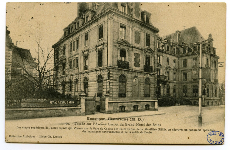 Besançon-les-Bains. - Façade sur l'Avenue du Grand Hôtel des Bains. [image fixe] , 1904/1930