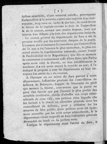 Rapport fait par les commissaires des corps administratifs et sections de Besançon. en exécution de l'arrêté de l'Assemblée générale du 9 du présent mois de juin 1793. l'an second de la République française