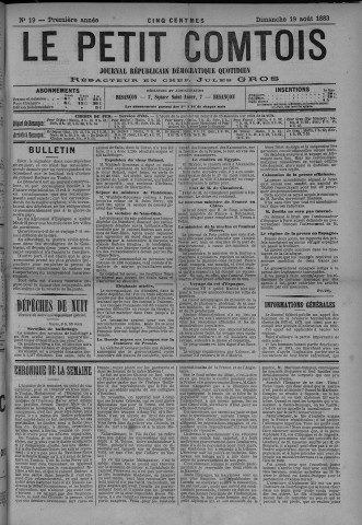 19/08/1883 - Le petit comtois [Texte imprimé] : journal républicain démocratique quotidien