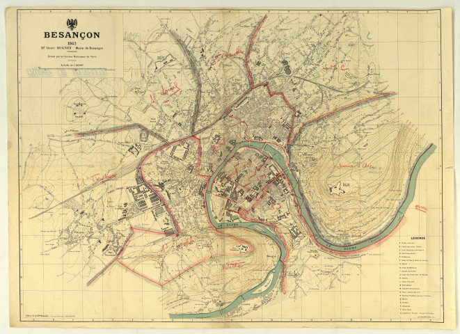 Plan de la ville de Besançon et de son territoire au 1/8000e, dit "plan Bugnet" (nom du maire), dressé par les services municipaux de Voirie.
Les délimitations des paroisses sont indiquées au crayon rouge.