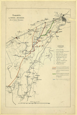 Chemin de fer de Mulhouse à Dijon par Besançon (Arc-et-Senans, Besançon). [Document cartographique] , 1845