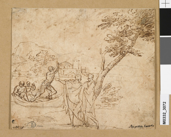 Paysage avec, au premier plan, deux hommes drapés à l'antique et au second plan, trois hommes dans une barque, dont un musicien