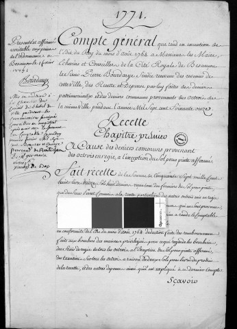 Comptes de la Ville de Besançon, recettes et dépenses, Compte de Pierre Bourdarye (1771)